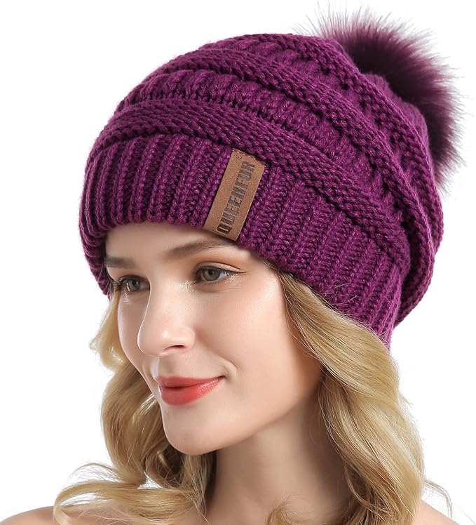 QUEENFUR Women Knit Slouchy Beanie Chunky Baggy Hat with Faux Fur Pompom Winter Soft Warm Ski Cap