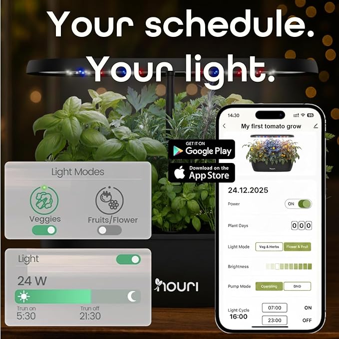 Nouri 12 Pod APP Smart Garden for Home Cooks with Heirloom Basil | Hydroponics Growing System Kit | LED Grow Lights | Indoor Gardening System | Herb Garden Planter Indoor Kit | Gifts for Women & Men