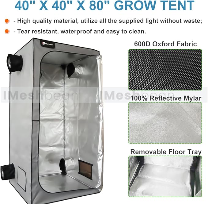 Grow Tent Kit Complete 3.3x3.3 ft High Reflective Mylar Hydroponics Indoor Plant Growing Tent with LED Grow Light Carbon Filter Ventilaion Fan Growing System+Accesseries (40" x 40" x 80" - Gray)