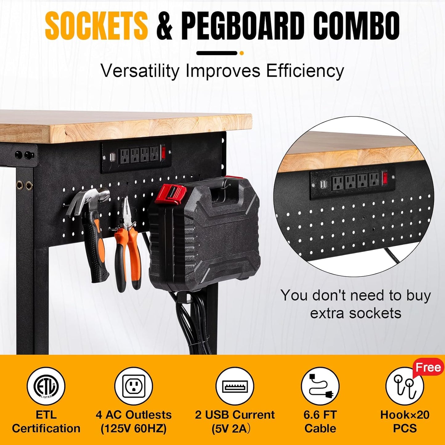 48" L×24”W Adjustable Workbench, 28”-40”Heights Heavy Duty Table 2000 LBS Load Capacity, Work Bench with Power Outlet & Pegboard, Rubber Wood Work Table for Garage, Office, Workshop, Home