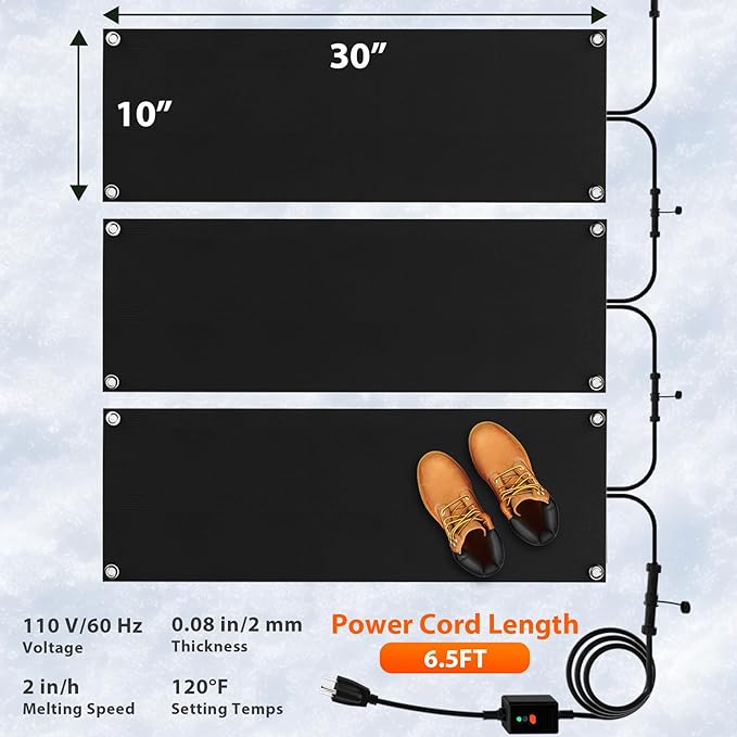 mestyl Heated Snow Melting Mats Outdoor, 10 x 30 Inch Heated Outdoor Mats, Snow and Ice Melting Mats No-Slip Winter Outdoor Heated Mats for Stair, Walkway, Steps, Sidewalks, Decks, Driveway, 3Pcs