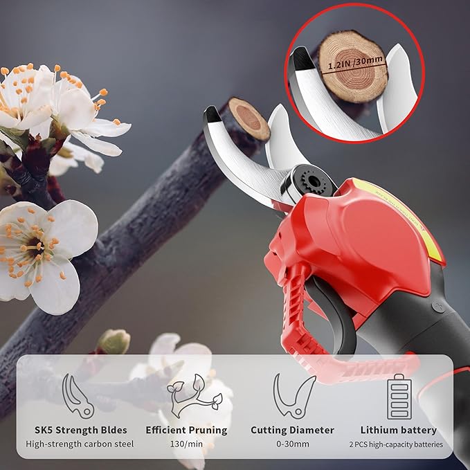 Upgraded Electric Pruning Shears Professional Cordless Electric Pruning Battery Powered, Tree Branch Pruner with 2 PCS Rechargeable 2 Ah Lithium Battery - 30mm (1.2inch) Cutting Diameter