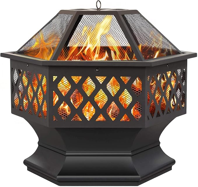 Yaheetech Fire Pit Fire Pits for Outside 24in Hex Shaped Firepit Bowl with Spark Screen & Poker for Patio Backyard Garden Picnic Bonfire Camping