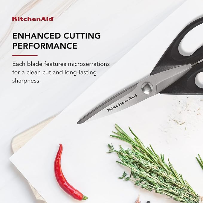 KitchenAid All Purpose Kitchen Shears with Protective Sheath Durable Stainless Steel Scissors, Dishwasher Safe, Soft Grip Comfort Handle, 8.72 Inch, Black