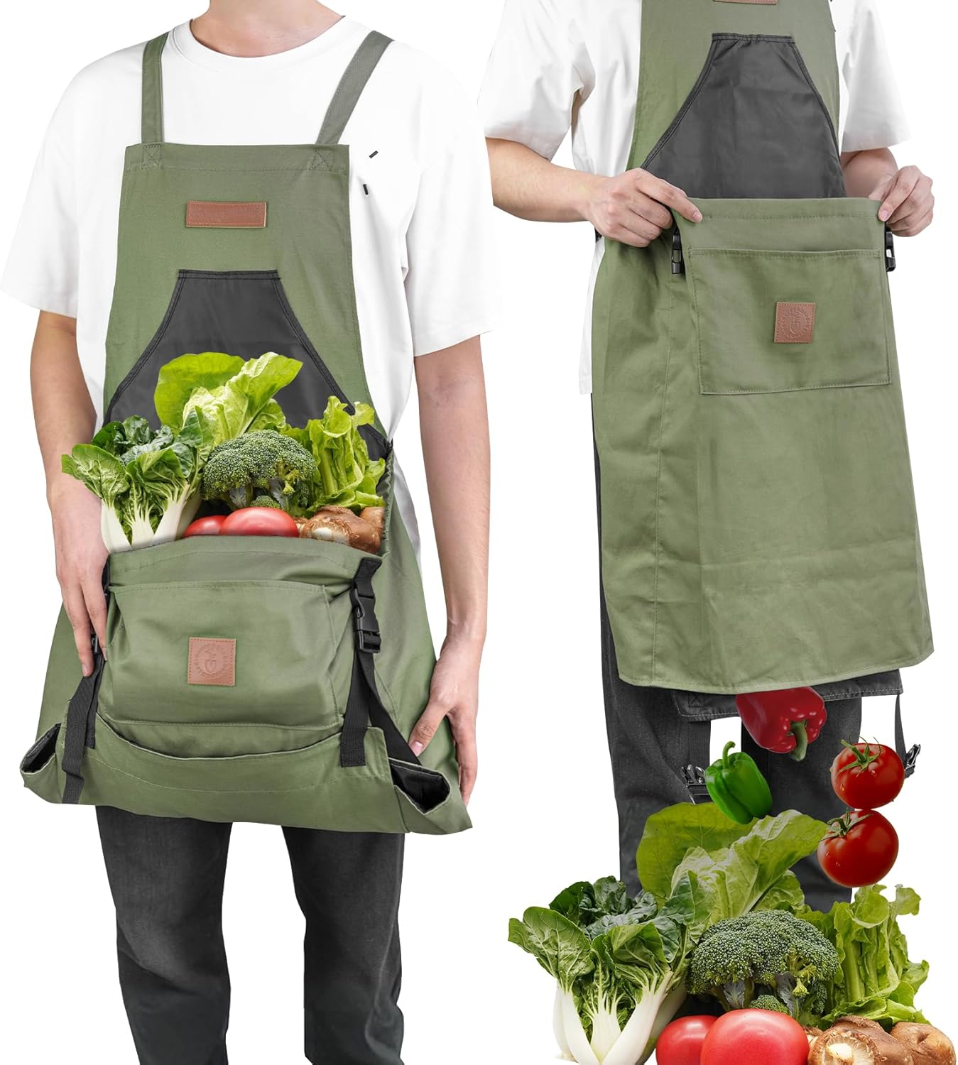 Berry&Bird Harvest Apron, Canvas Gardening Apron with Pockets and Harvesting Pouch Waterproof Harvesting Apron
