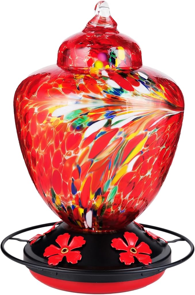 REZIPO Hummingbird Feeder with Perch - Hand Blown Glass - 38 Fluid Ounces Hummingbird Nectar Capacity Include Hanging Wires and Moat Hook (Red-fire)