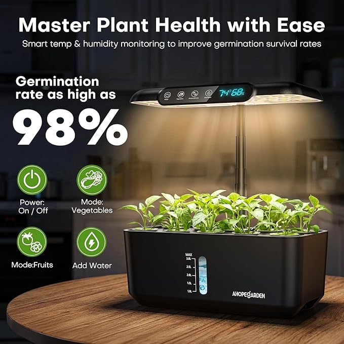 Ahopegarden Hydroponics Growing System Herb Garden: 10 Pods Indoor Garden Kit with LED Grow Light and Smart Temp & Humidity Display - Plant Germination Kit for Home Kitchen
