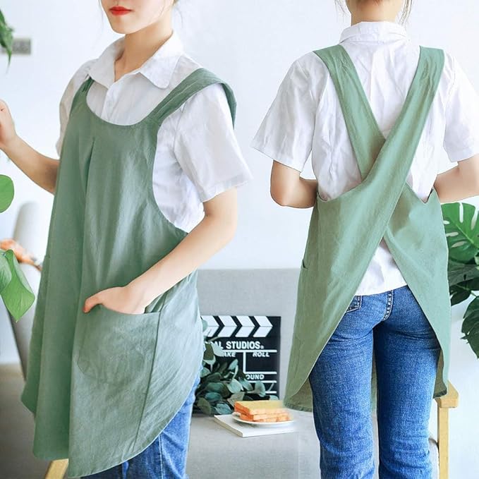 Japanese Style Linen Cotton Cross Back Pinafore Apron with Pockets for Women Ladies Men Chef Kitchen Cooking Baking