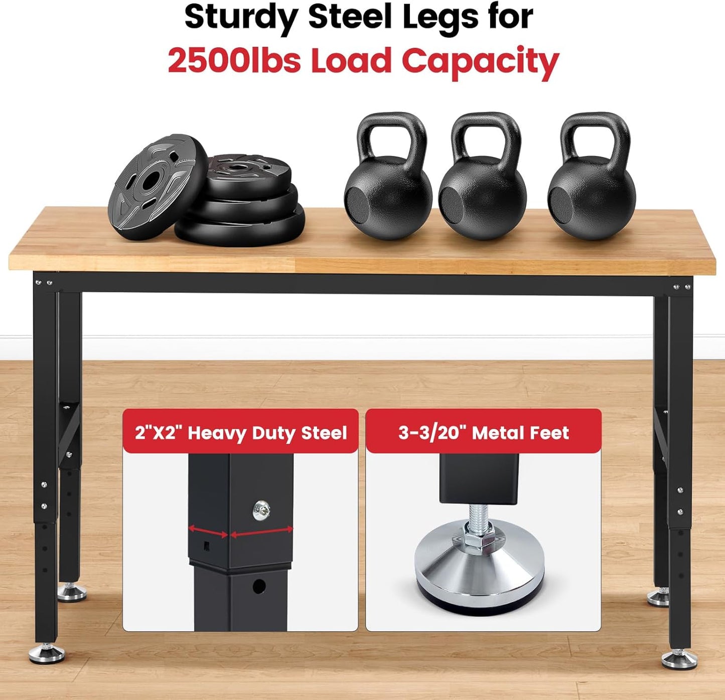 Work Bench for Garage Workbench Adjustable Height Work Table with Pegboard for Shop Woodworking, 60 x 22 Heavy Duty Rubber Wood Top for Office, Home, Commercial