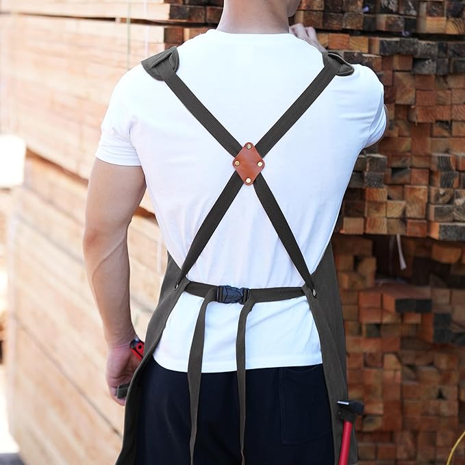 Tosewever Work Aprons for Men with Large Pockets, Canvas Cross Back Heavy Duty Adjustable Tool Aprons for Chef Cooking BBQ