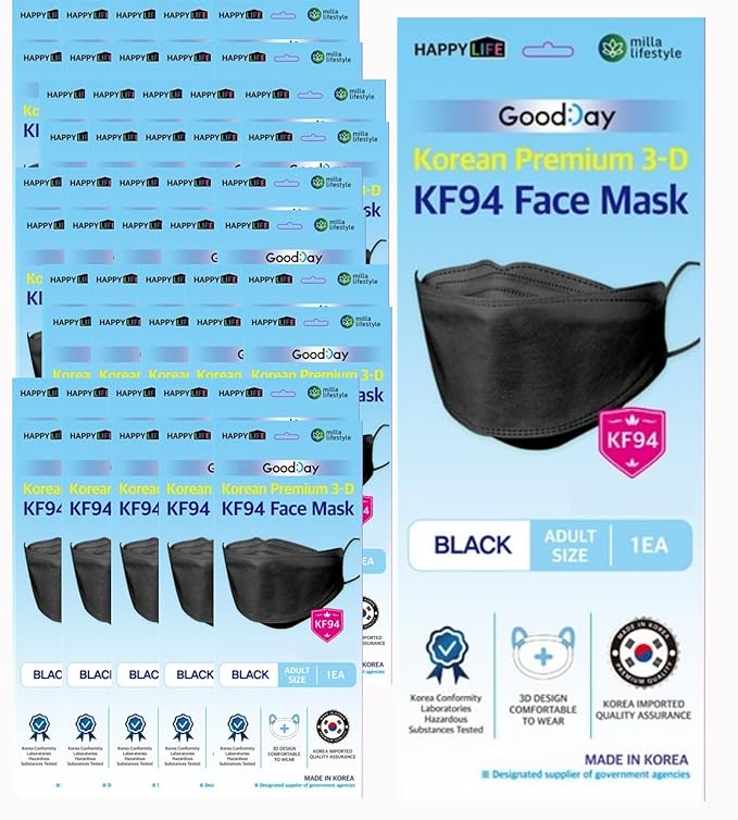 Good Day Black Disposable KF94 Face Mask, 4-Layer Filters, Made in Korea, Nose Mouth Covering Dust Mask (individual Packed)