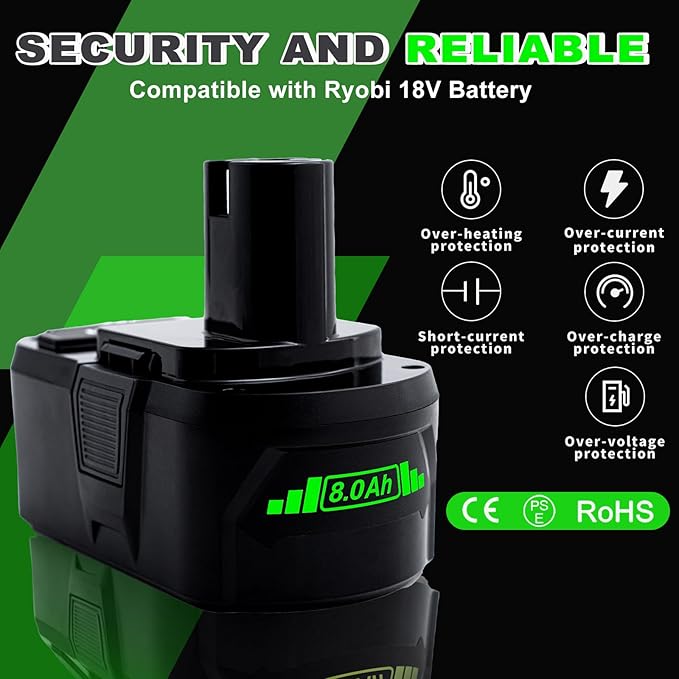 Upgrade 8000mAh High Capacity Replacement for Ryobi 18V Battery P108 P104 P105 P102 P103 P122 P109 Li-ION Compatible with Ryobi 18V ONE+ System Cordless Power Tools and Charger,1Pack