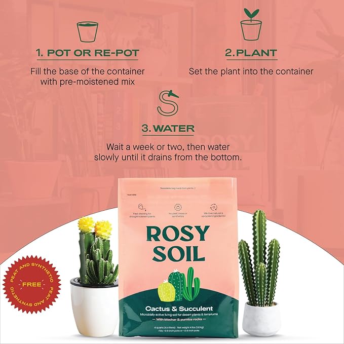 Rosy Soil Cactus & Succulent Potting Mix + Indoor Potting Soil - Peat Free House Plant Soil - Mix for Indoor Plants (4 Quarts Each)