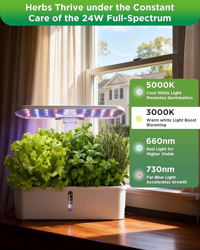 Hydroponics Growing System Kit 12 Pods, Hydroponic Herb Garden Kit Indoor with 24W LED Grow Light, Smart Indoor Garden, Height Adjustable, Auto Timer, Quiet Pump, Gardening Gifts for Mom Women, White