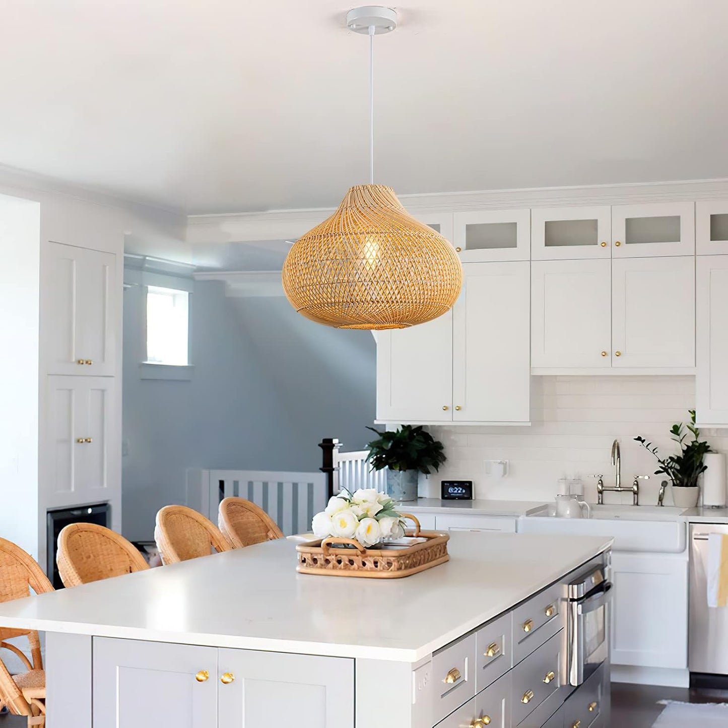 Rattan Pendant Lights, Large Wicker Chandelier Hand-Woven Boho Pendant Light Rattan Basket Hanging Light for Dining Room Kitchen Island Living Room