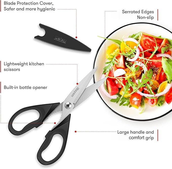 iBayam All Purpose Kitchen Scissors, Kitchen Shears with Protective Sheath Durable Stainless Steel Sharp Scissors, Dishwasher Safe, Soft Grip Handle for Cooking Food Herb Pizza Salad Seafood, 8.5 Inch