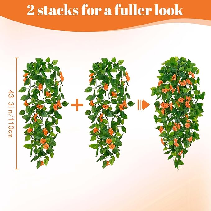 BLEUM CADE Artificial Hanging Flowers for Outdoors, 2pcs Fake Hanging Plants Pothos Vines with Orange Flowers for Wall Home Living Room Indoor Outdoor Fall Decor (No Baskets)
