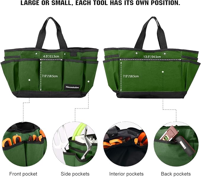 Housolution Gardening Tote Bag, Deluxe Garden Tool Storage Bag and Home Organizer with Pockets, Wear-resistant & Reusable, 14 Inch, Dark Green