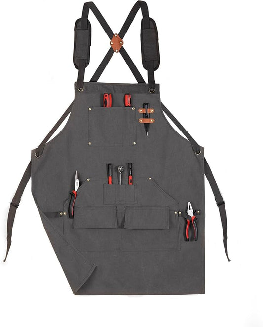 Tosewever Work Aprons for Men with Large Pockets, Canvas Cross Back Heavy Duty Adjustable Tool Aprons for Chef Cooking BBQ