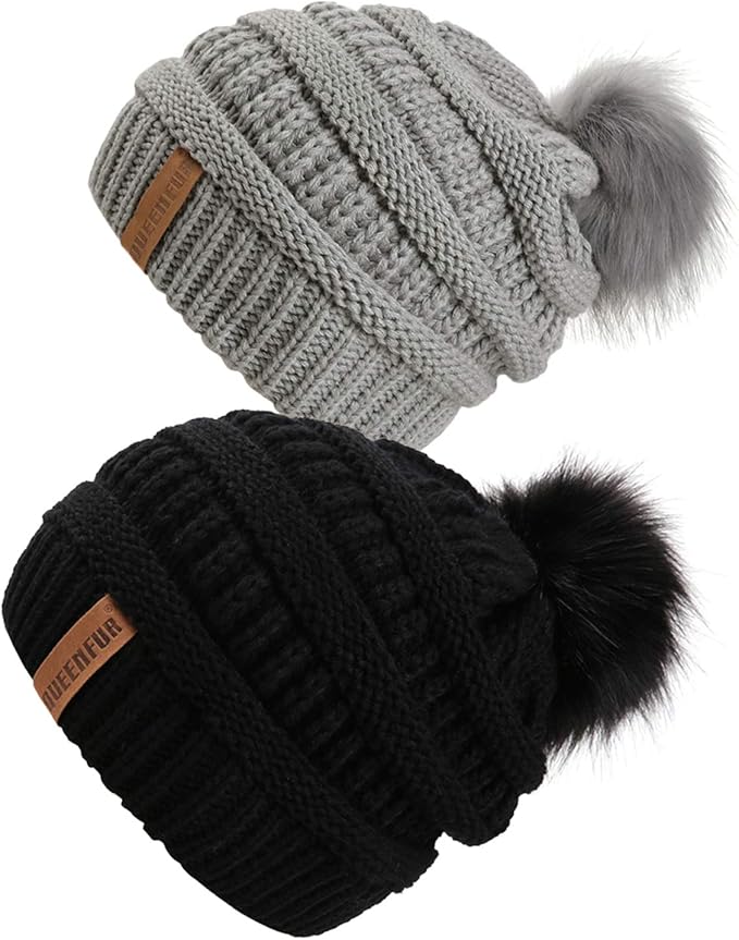 QUEENFUR Women Knit Slouchy Beanie Chunky Baggy Hat with Faux Fur Pompom Winter Soft Warm Ski Cap