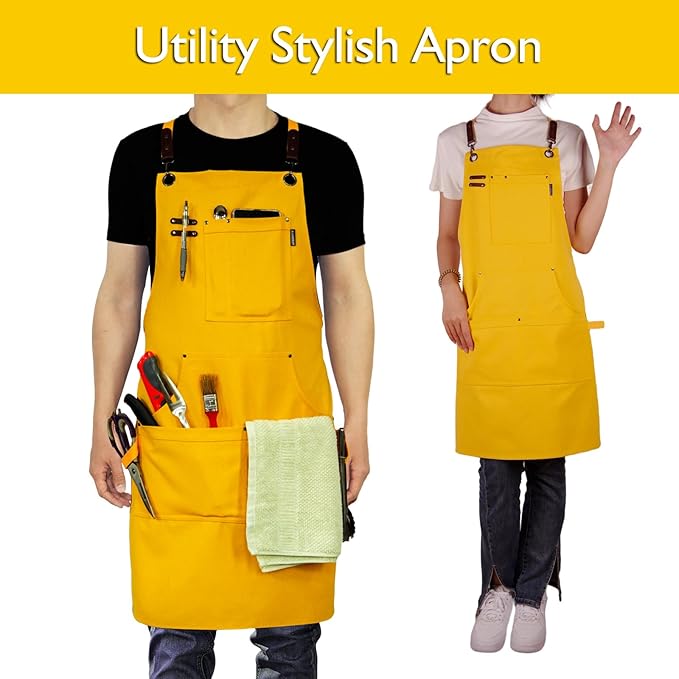 10 Pack Kitchen Aprons, Work Apron, Canvas, Multiple Pockets, Gardening, Painting, BBQ, Artist, Carpenter, Sizes M to XXL, Yellow