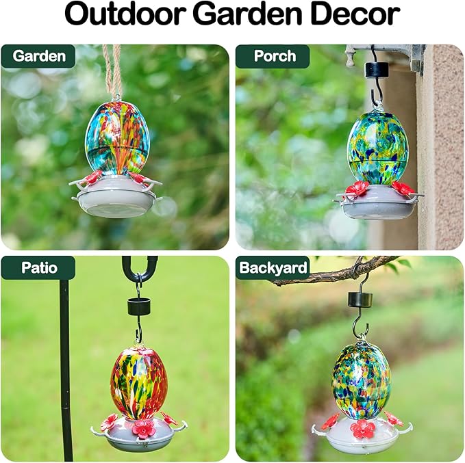 Muse Garden Hand Blown Glass Hummingbird Feeder - 19OZ Plastic Base Humming Bird Feeders for Outdoors Hanging, Garden Decor Gifts for Bird Lovers, Starry Night