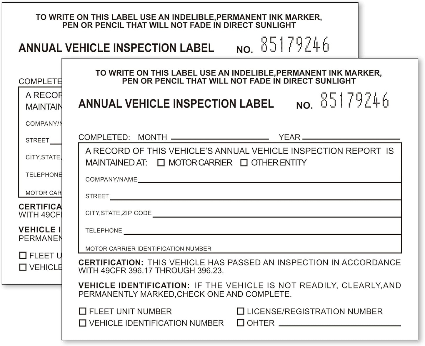Annual Vehicle Inspection Label 50 Pack Interior Vehicle Inspection 2-Ply Adhesive Vinyl with Mylar Laminate 5" x 4" Meet DOT Requirements