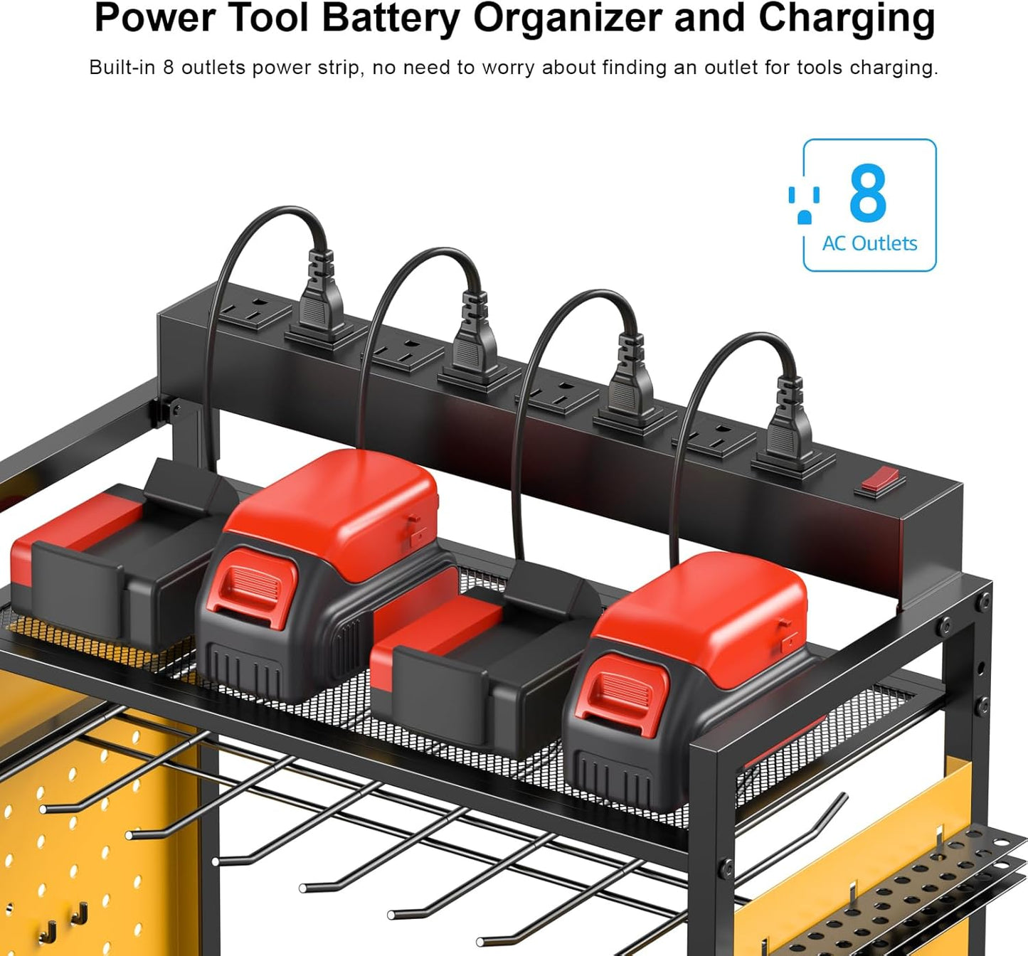 CCCEI Garage Power Tools Organizer Cart with Charging Station, Yellow Floor Standing Rolling Drill and Tools Battery Storage Cart on Wheels. Utility Rack Gift for Men, Husband, Father.