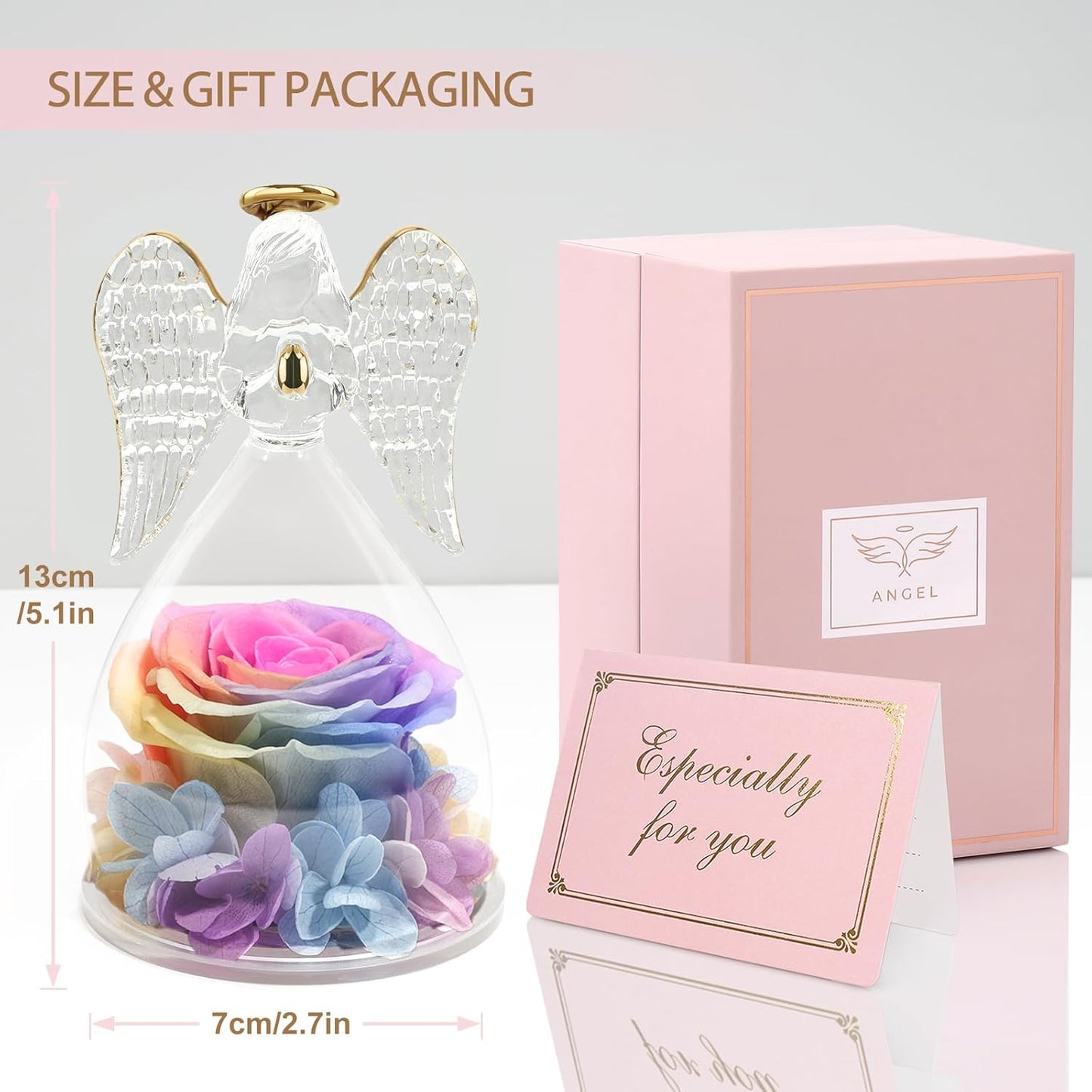 Yamonic Mom Birthday Gifts for Mom, Angel Figurines with Real Rose Gifts for Her Mom Grandma, Preserved Rose Angel Figurines for Mothers Day Birthday Gifts for Women Her (Rainbow)
