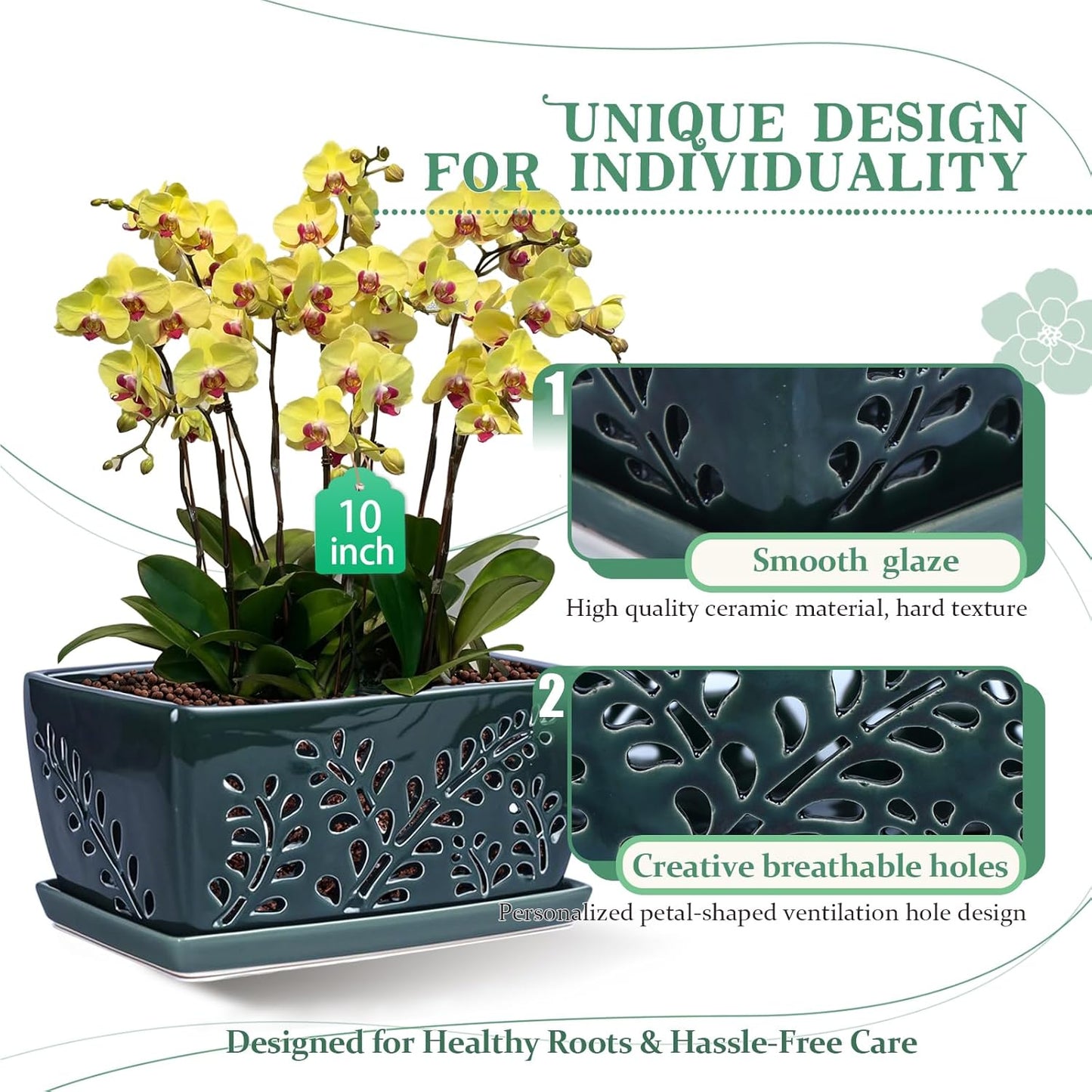 Ceramic Orchid Pot, 10 Inch Rectangular Orchid Pots with Holes, Premium Thickened Handmade Glazed Pot for Orchidaceae Plants, Indoor Outdoor Decorative Flower Pot for Easy Repotting