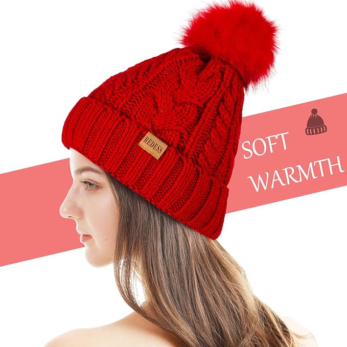 REDESS Women Winter Pompom Beanie Hat with Warm Fleece Lined, Thick Slouchy Snow Knit Skull Ski Cap