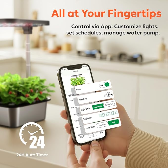owltron Smart Hydroponics Growing System Kit,15 Pods Indoor Herb Garden with 36W LED Grow Light & APP Control, Planting Height Up to 30", Quiet Water Pump, Ideal Gift for All Ages Dark Silver