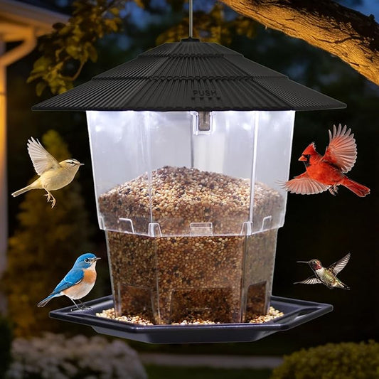 Solar Bird Feeder for Outdoors Hanging,Black Hanging Wild Bird Feeders with S Hook for Blue Bird, Cardinals, Finches,Wild Birds Seed Feeder, As Gift for Bird Lovers