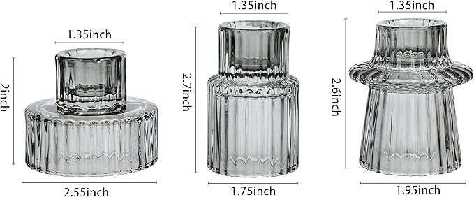 Vixdonos Taper Glass Candlestick Holders Tealight Candle Holders for Table Centerpieces, Wedding Decor and Dinner Party (3 Pcs, Gray)