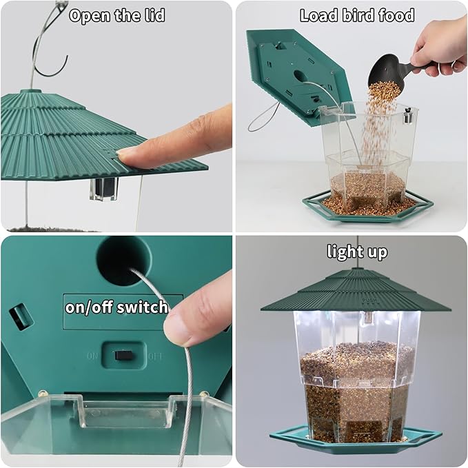 Solar Bird Feeder for Outdoors Hanging,Green Hanging Wild Bird Feeders with S Hook for Blue Bird, Cardinals, Finches,Wild Birds Seed Feeder, As Gift for Bird Lovers