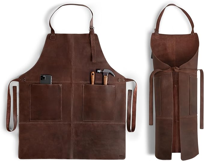 Hide & Drink, Rustic Apron with Large Pockets and Adjustable Straps, Full Grain Leather, Handmade