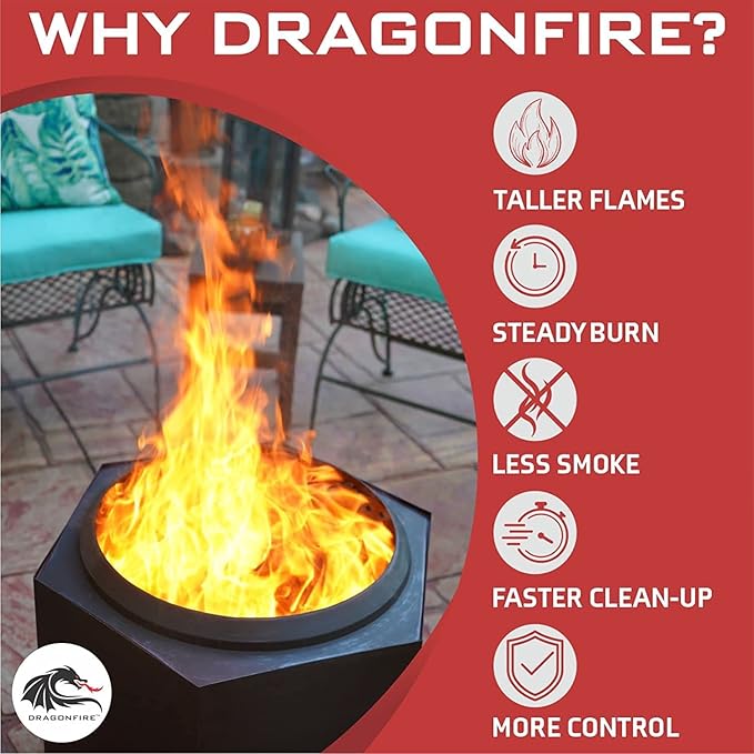 Dragonfire Smokeless Firepit, Accessories Included: Spark Screen, Base Stand, and Weatherproof Cover. Wood Pellet/Log Burning Large Outdoor Fire pit. Matte Black Finish, 23.5 Inch Backyard Patio Size.