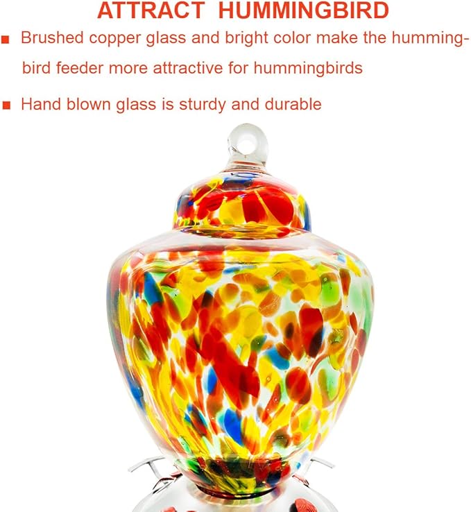 REZIPO Hummingbird Feeder with Perch - Hand Blown Glass - Colored - 38 Fluid Ounces Hummingbird Nectar Capacity Include Hanging Wires and Moat Hook