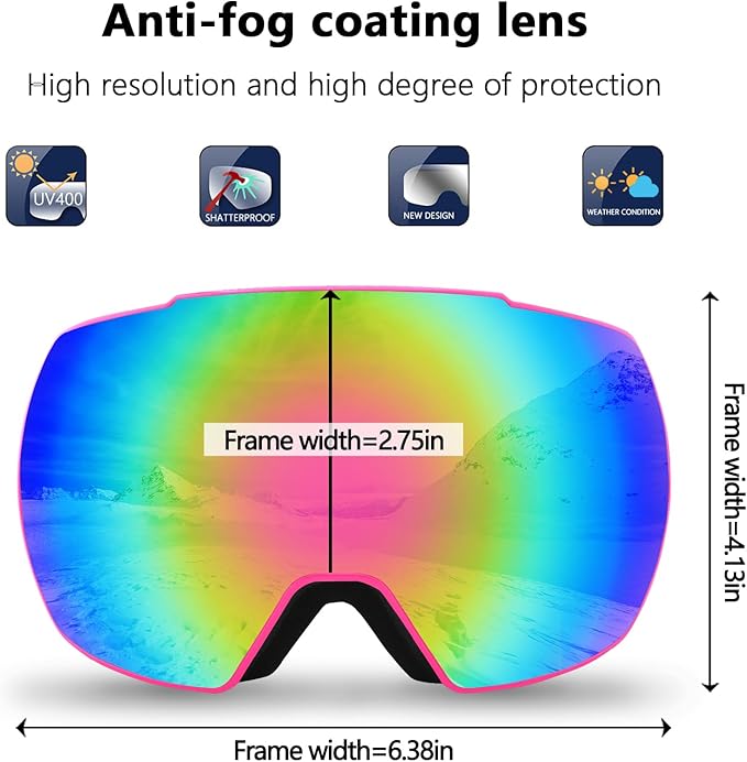 OULAIQI OTG Ski Goggles UV400 Anti-Fog Snowboard Glasses for Men Women Youth- Perfect for Skiing, Snowboarding,Winter Sports