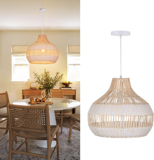 Arturesthome Rattan Chandelier for Kitchen Island,15.72" White Boho Woven Basket Pendant Light,Handmade Wicker Hanging Light for Living Room,Bedroom