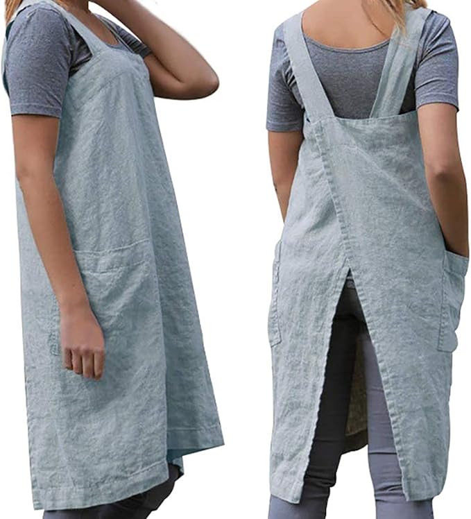 WROLEM Women's Practical Cross Back Pinafore Apron with Large Pockets Home Kitchen,Restaurant,Coffee House,Cooking,Gardening