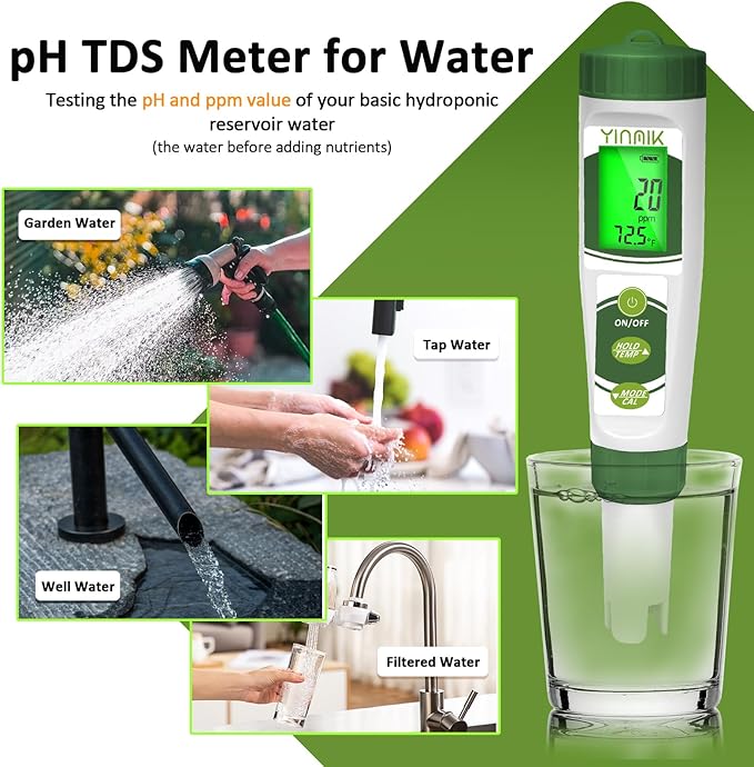 YINMIK pH EC Meter for Water Hydroponics, PPM Meter for Nutrients, Measure pH PPM Conductivity Temperature of Hydroponic Garden Water and Nutrient Solution, EC pH TDS Meter for Water, Aquarium, Pool