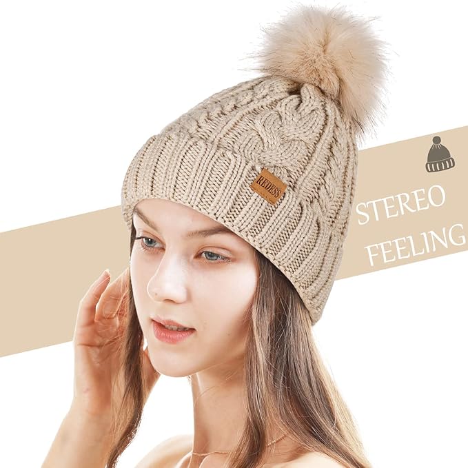REDESS Women Winter Pompom Beanie Hat with Warm Fleece Lined, Thick Slouchy Snow Knit Skull Ski Cap