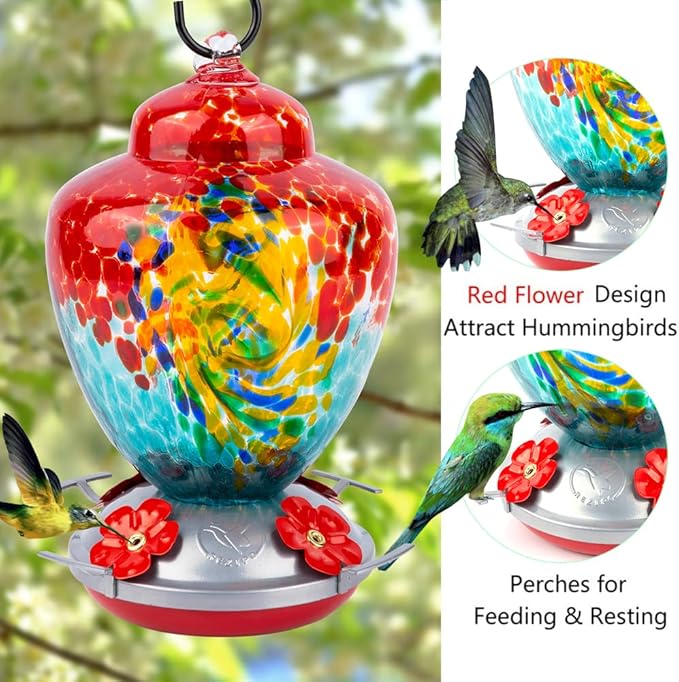 REZIPO Hummingbird Feeder with Perch - Hand Blown Glass - 38 Fluid Ounces Hummingbird Nectar Capacity Include Hanging Wires and Moat Hook (Half Red)