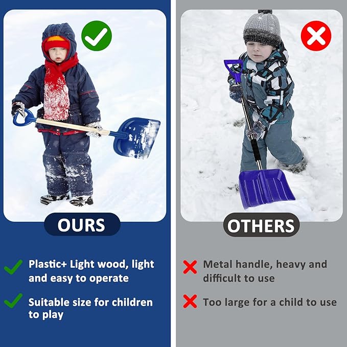 1Pcs Kids Snow Shovel Detachable Toddler Snow Shovel 22"-32" H Small Wooden Shovel with Plastic Scoop & D-Grip Handle Mini Child Digging Shovel Blue Winter Gift for Outdoor Yard Driveway Activities