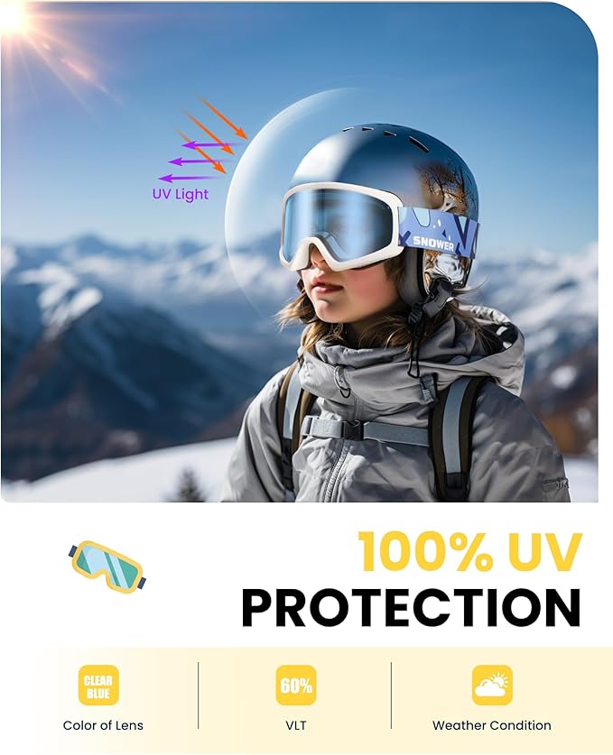SNOWER Kids Ski Goggles, Anti-Fog Snow Goggles with OTG Design, 100% UV Protection, HD Lens for Kids Boys Girls