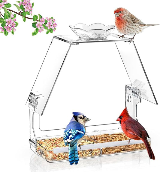 Window Bird Feeder with Non-Marking Self-Adhesive Hooks, Clear and Transparent, Outdoor Wild Bird Watching Gift, Garden Decor (with Large Window)
