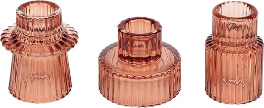 Vixdonos Glass Candlestick Holders Tealight Candle Holders for Table Centerpieces, Wedding Decor and Dinner Party (3 Pcs, Reddish Brown)
