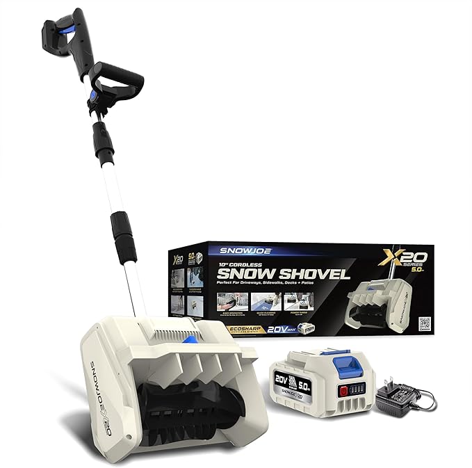 Snow Joe Cordless Snow Shovel Kit with 10" Wide x 5" Deep Snow Cut for Decks, Steps and Walkways, Brushless Motor and Lightweight Design, X20-SNOW-5A