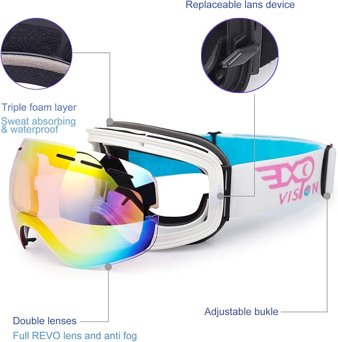 EXP VISION Snowboard Ski Goggles Men Women Youth, Anti Fog OTG Winter Snow Goggles Spherical Detachable Lens